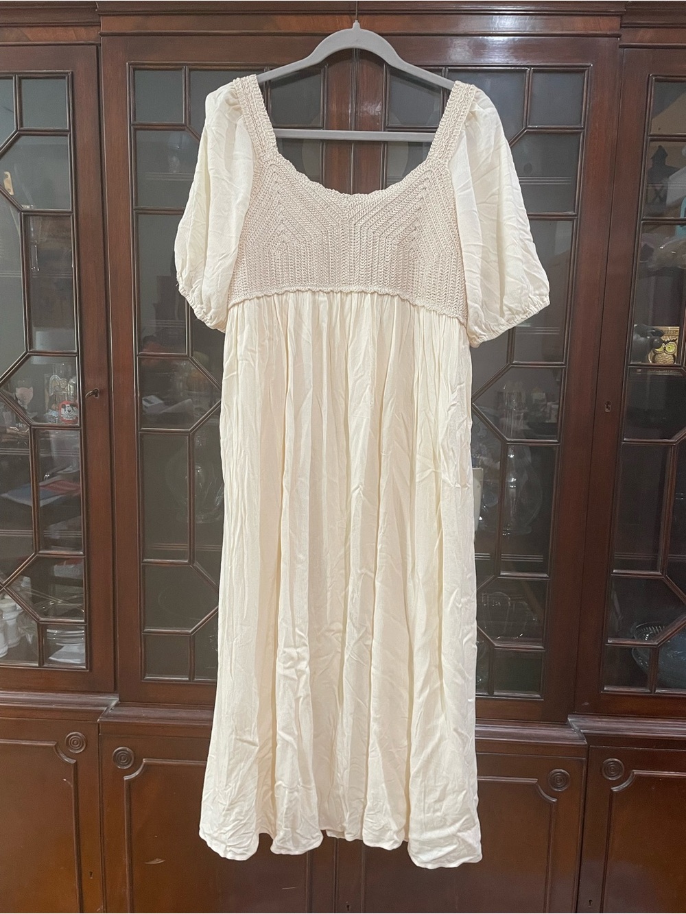 Like New Empire Waist Cream Maxi Dress with Crochet  Bodice Full, Lined